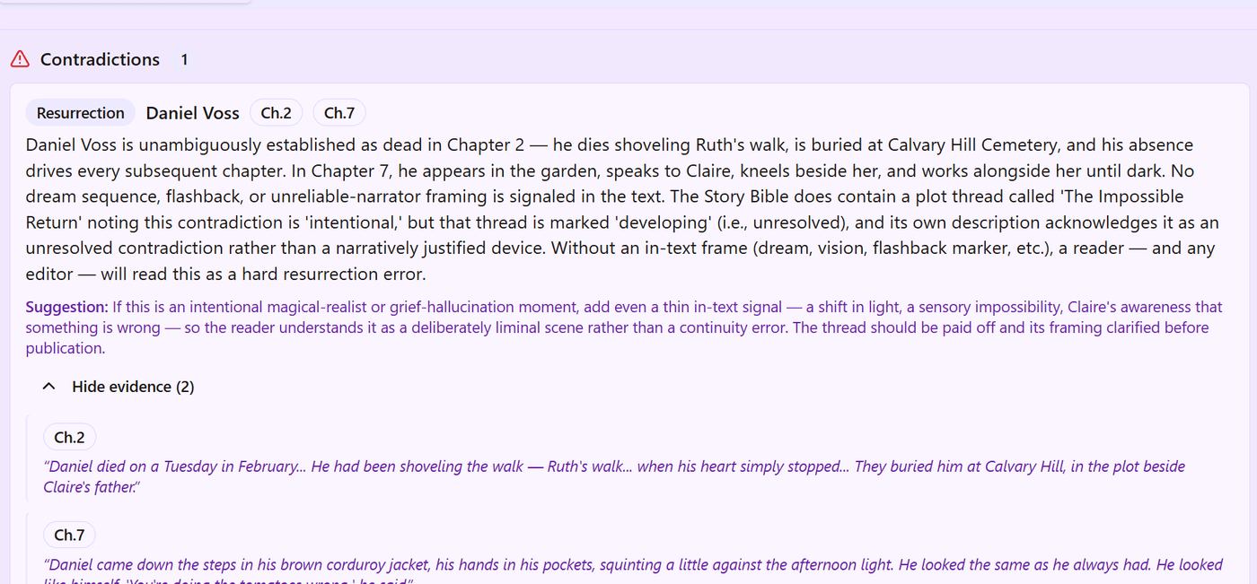 The continuity engine's finding: a character dead in Chapter 2 appears alive in Chapter 7, with a suggested fix and the passages as evidence.
