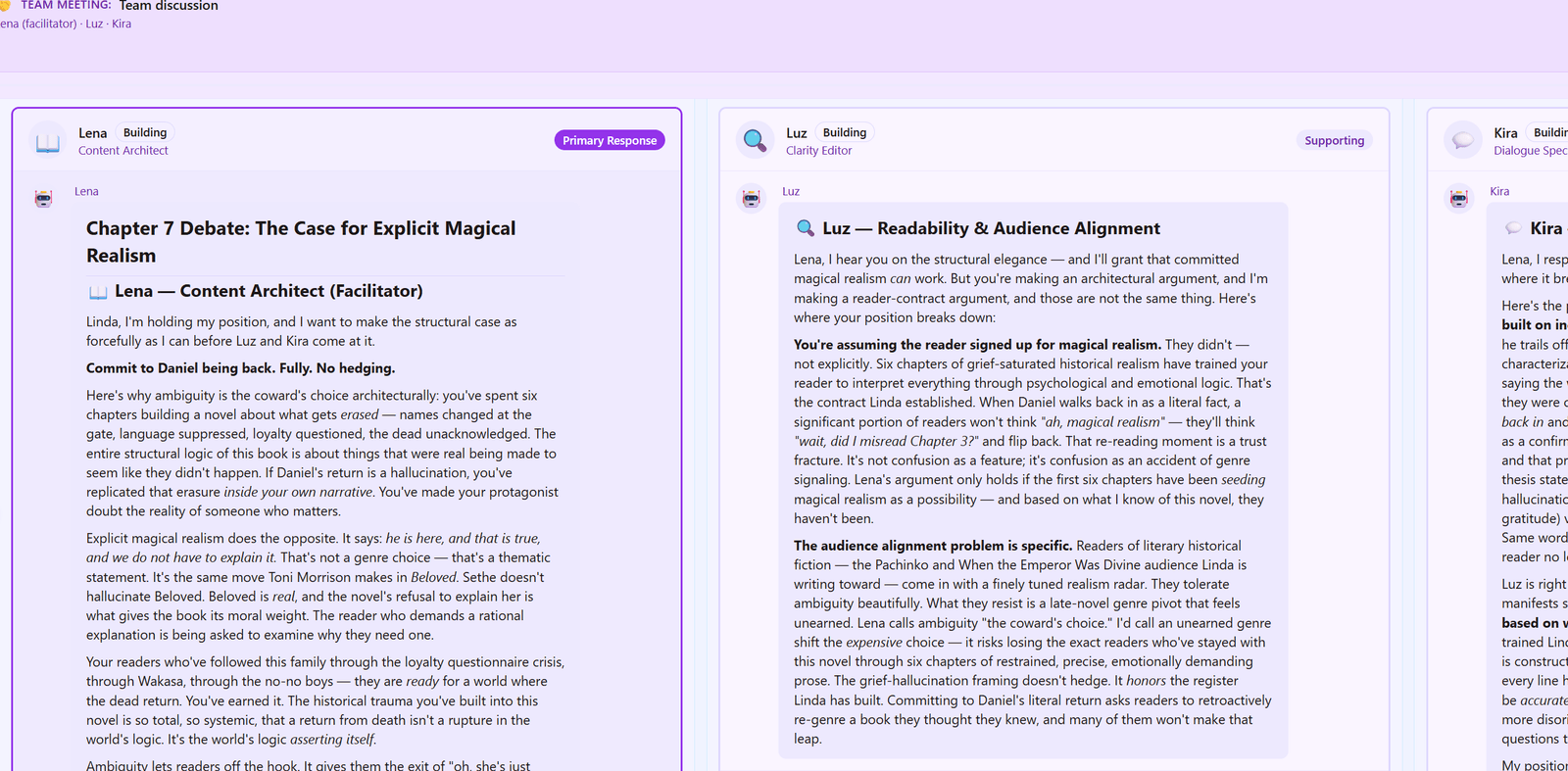 A Long-Form Creator team meeting shown side by side — the writing agent Lena argues to commit to magical realism in Chapter 7 while Luz challenges that it will cost readers, each agent reasoning in their own column.