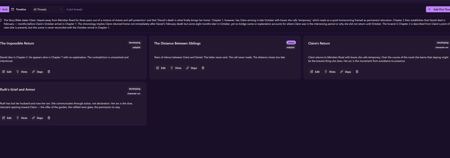 The Plot Thread tracker listing threads including 'The Impossible Return,' marked developing and unresolved.