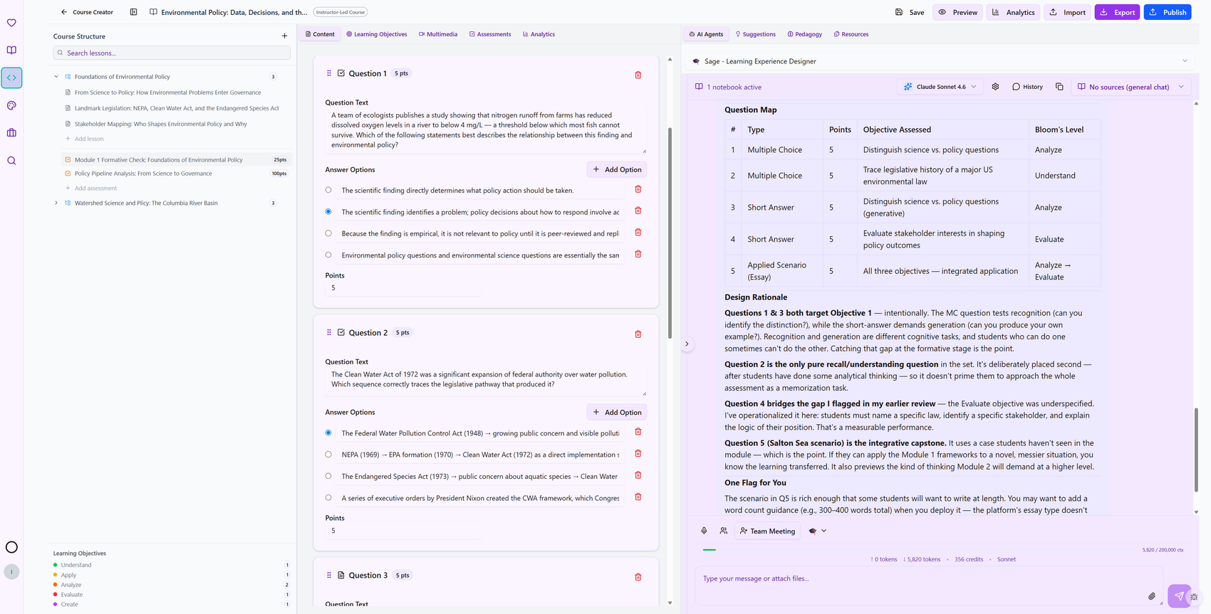An agent-generated assessment with a Question Map aligning each question to an objective and Bloom's level.
