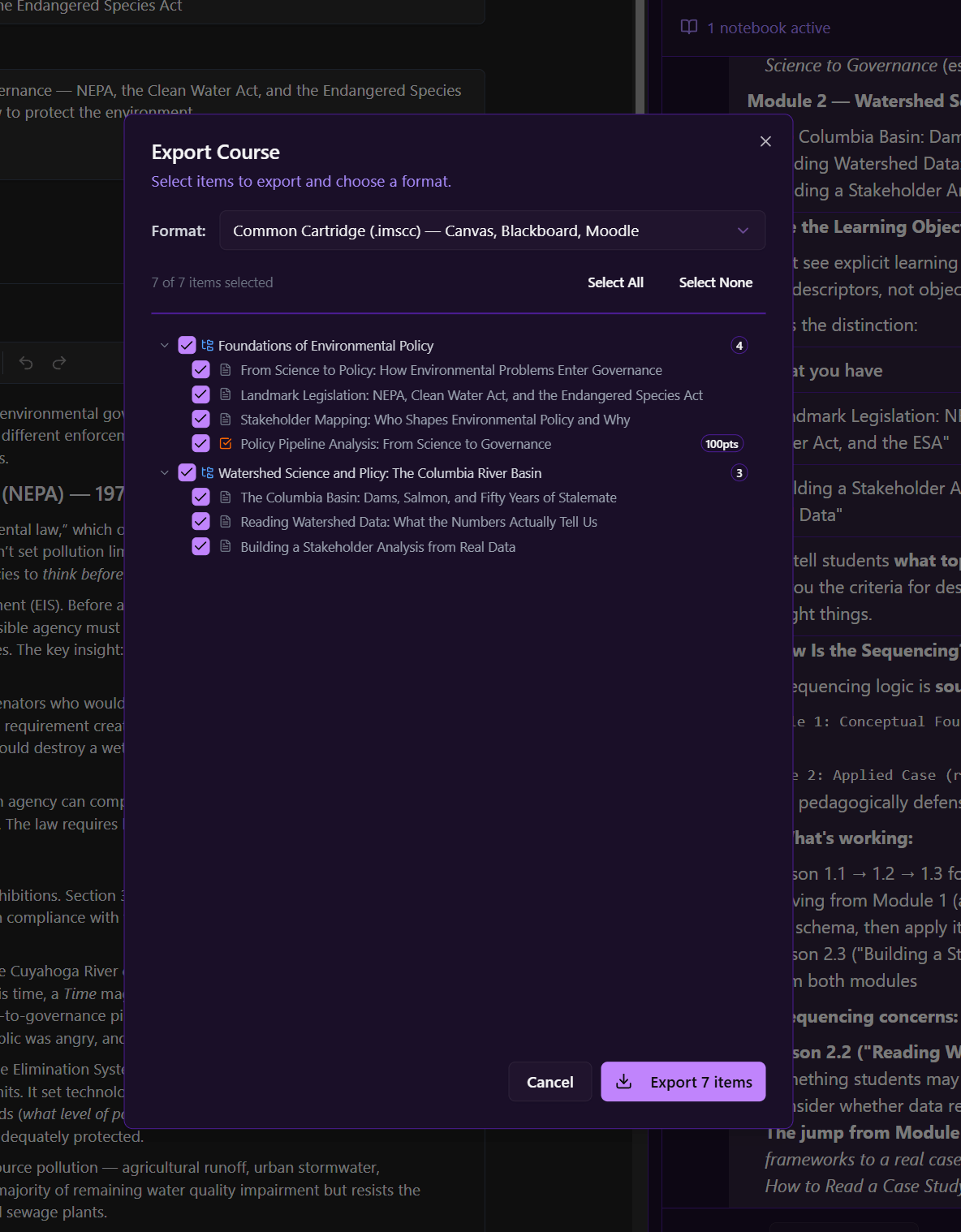 The Export Course dialog — Common Cartridge for Canvas, Blackboard, and Moodle, items checklisted.