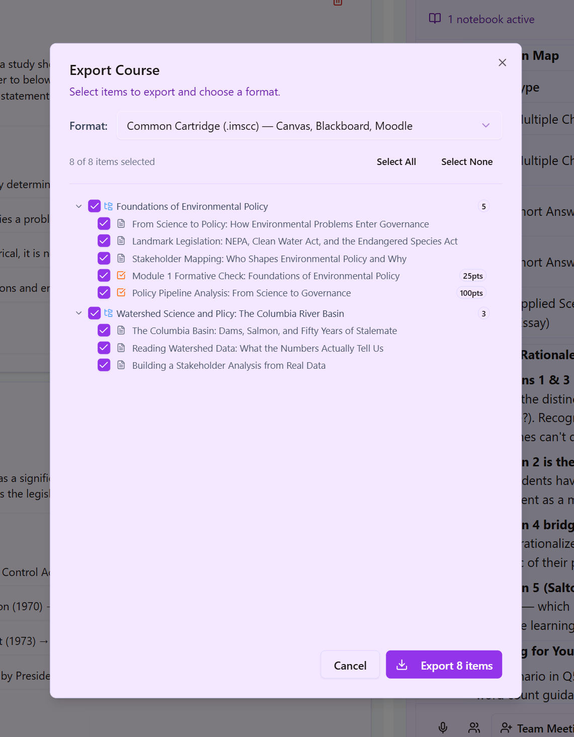 The Export Course dialog — Common Cartridge for Canvas, Blackboard, and Moodle, items checklisted.