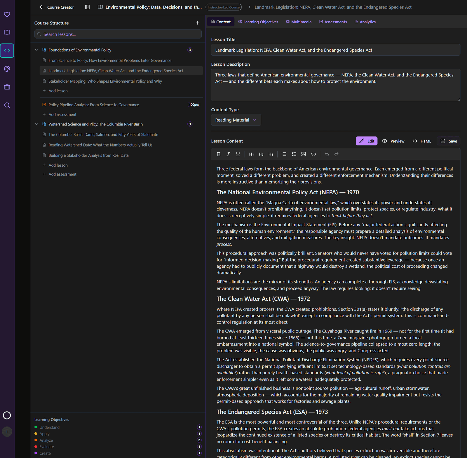 The Course Creator workspace — a two-module course with lessons and a fully written lesson open in the editor.