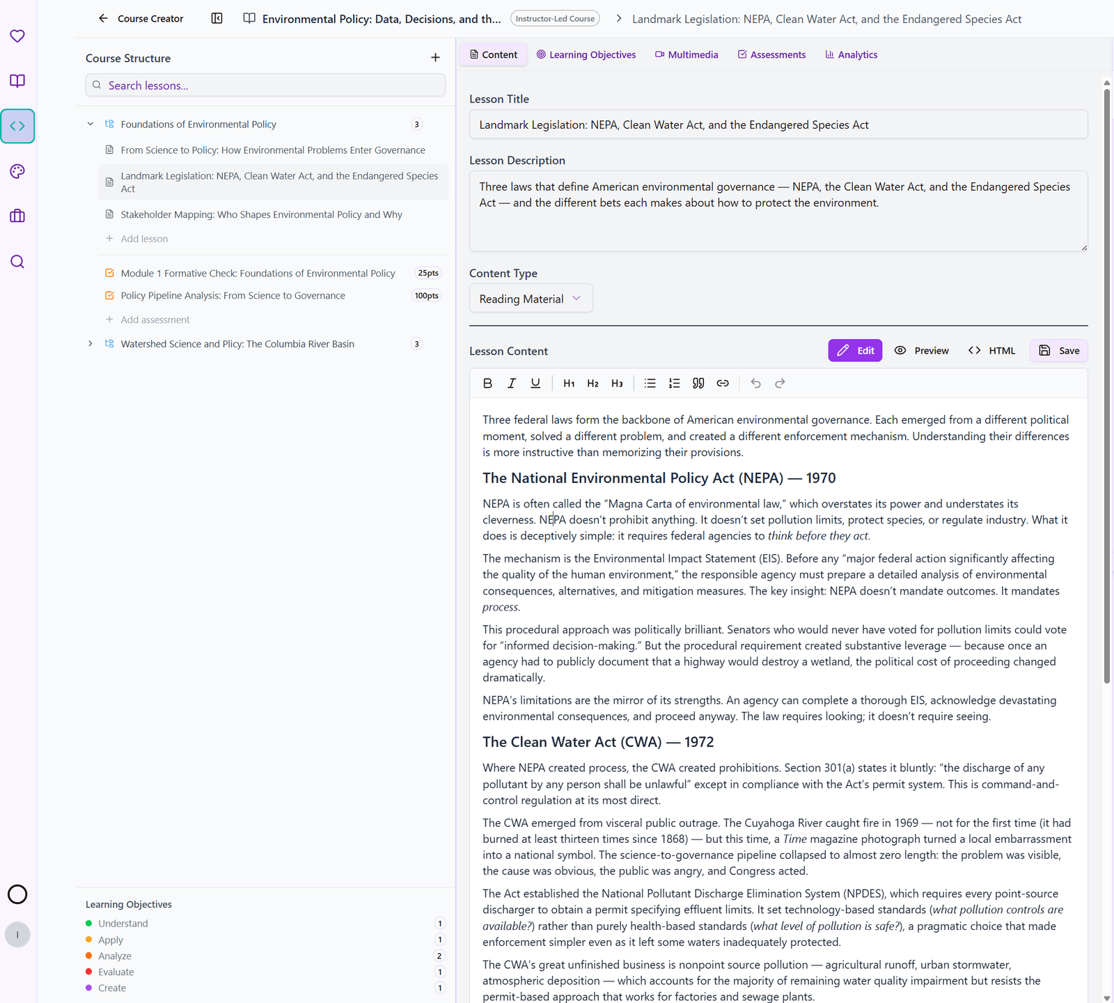 The Course Creator workspace — a two-module course with lessons and a fully written lesson open in the editor.