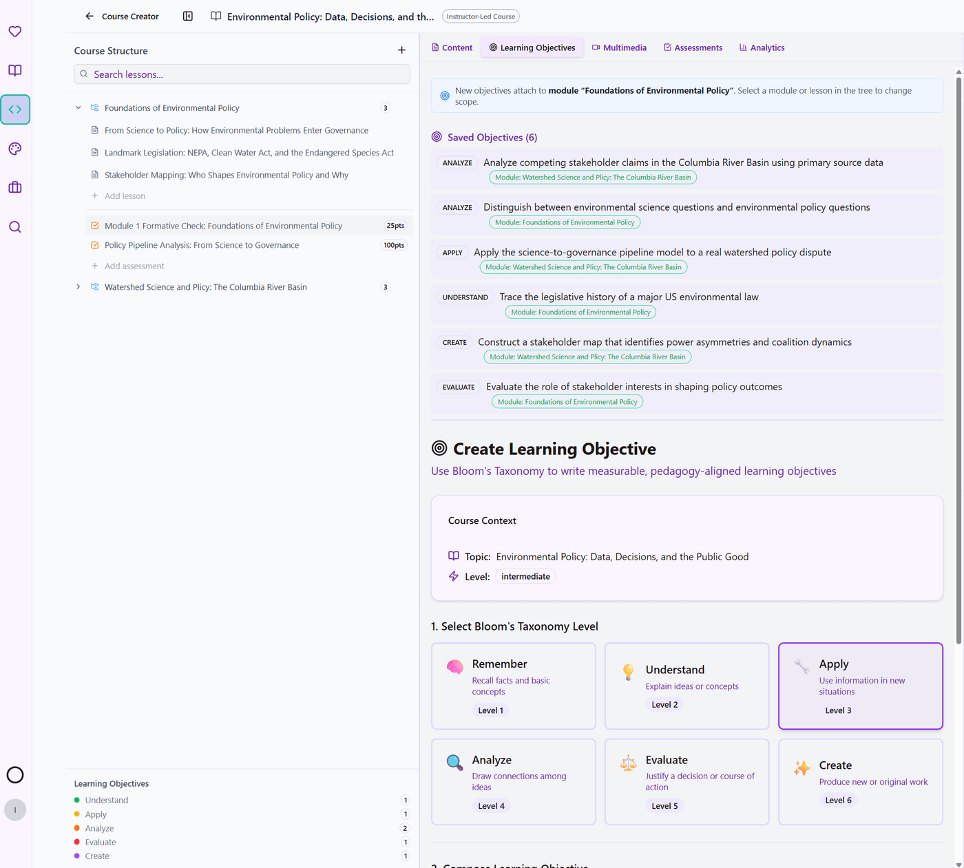 The Learning Objective Wizard — saved objectives and a Bloom's-taxonomy level selector for authoring measurable objectives.