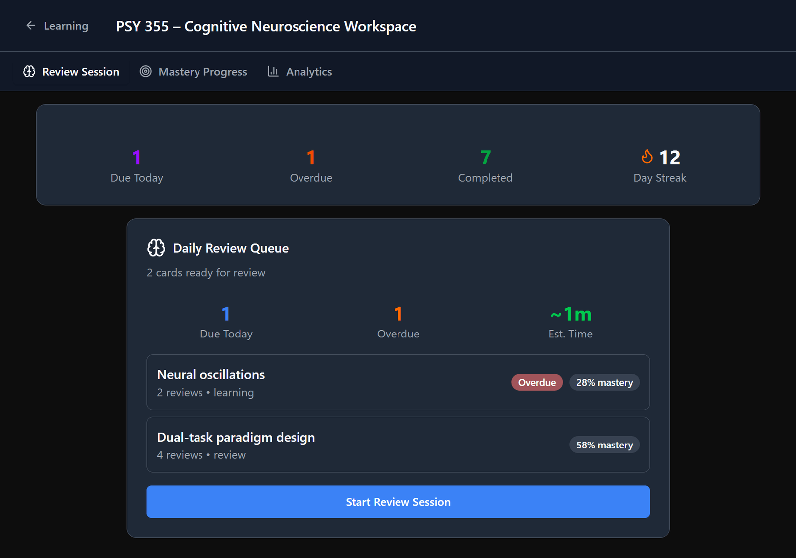 The review dashboard — a due queue, a twelve-day streak, and a history of completed reviews.