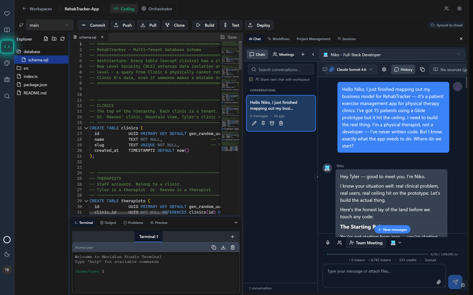 Inside the build space — Tyler's RehabTracker schema in the editor beside Niko, a developer agent meeting him where he is.