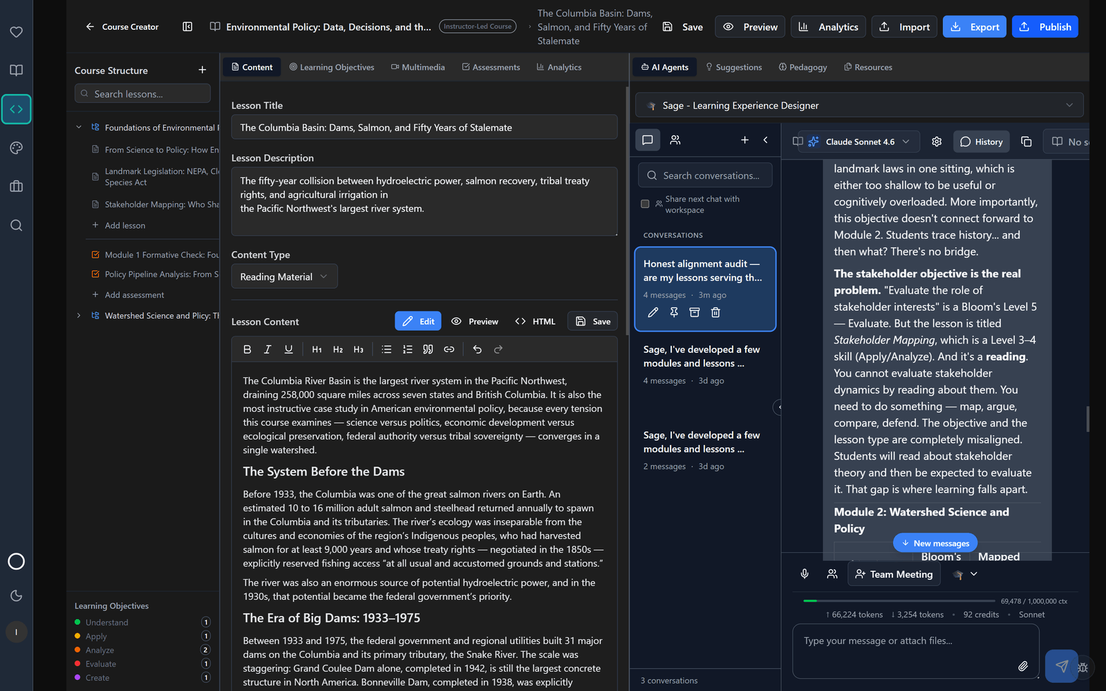 Inside the course space — Marcus's environmental-policy lesson open beside Sage auditing how the lessons map to their learning objectives.