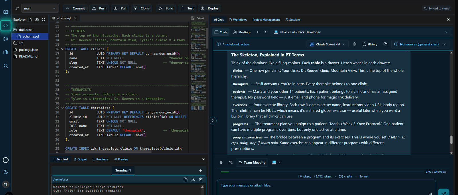 The Build space — a code editor with the database schema beside a development agent explaining it in plain terms.