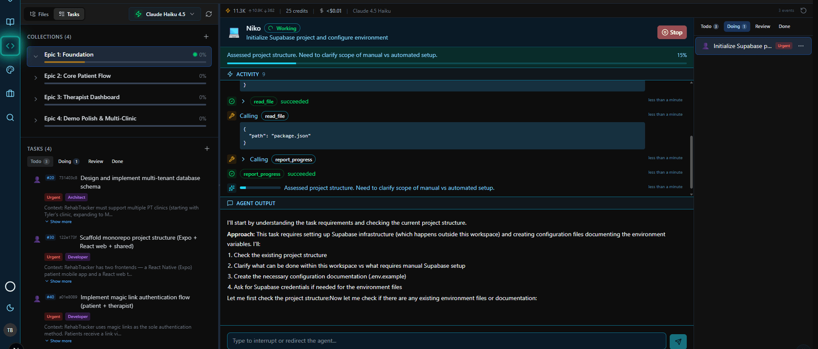 The Orchestrator working RehabTracker's epics and tasks autonomously.