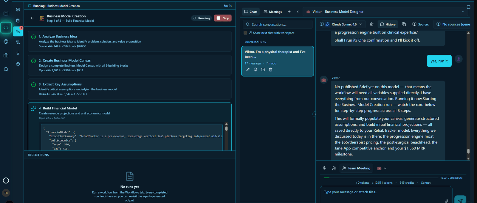 The Business Model Creation workflow running — analyze idea, create model, extract assumptions, build financial model.